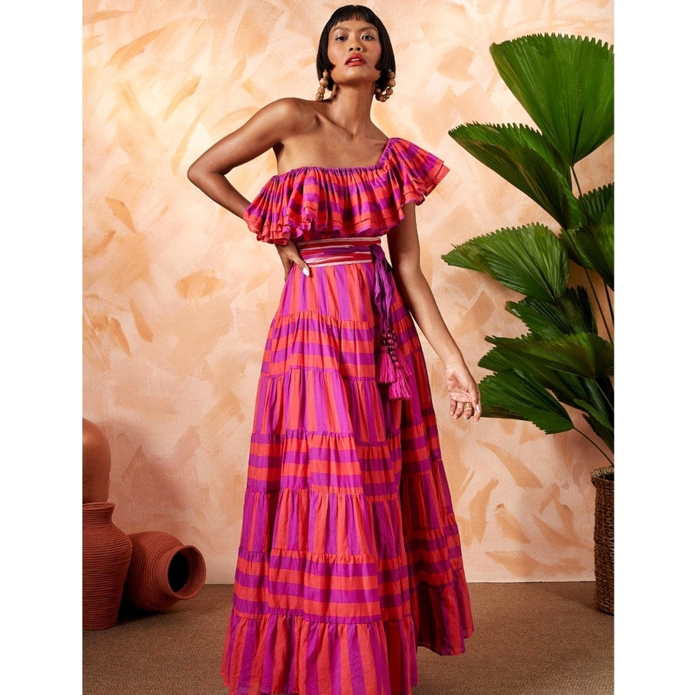 Erika Pena x Anthropologie Rita Bohemian Ruffle Tiered Stripe Maxi Dress - Picture 1 of 6